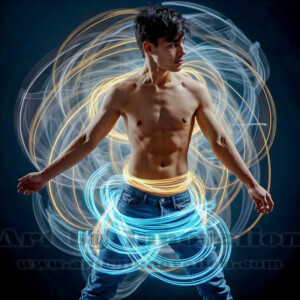 AI-generated abstract art of handsome shirtless men dancing with colorful dynamic light rays wrapping around their bodies. Cosmic, surreal, vivid digital art by Jeff Dupler.