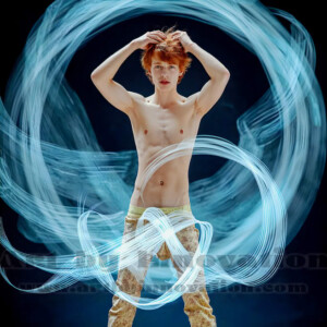 AI-generated abstract art of handsome shirtless men dancing with colorful dynamic light rays wrapping around their bodies. Cosmic, surreal, vivid digital art by Jeff Dupler.