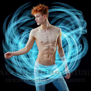 AI-generated abstract art of handsome shirtless men dancing with colorful dynamic light rays wrapping around their bodies. Cosmic, surreal, vivid digital art by Jeff Dupler.