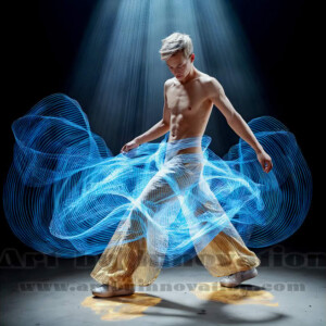 AI-generated abstract art of handsome shirtless men dancing with colorful dynamic light rays wrapping around their bodies. Cosmic, surreal, vivid digital art by Jeff Dupler.