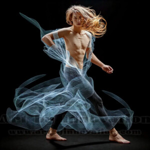 AI-generated abstract art of handsome shirtless men dancing with colorful dynamic light rays wrapping around their bodies. Cosmic, surreal, vivid digital art by Jeff Dupler.