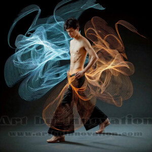 AI-generated abstract art of handsome shirtless men dancing with colorful dynamic light rays wrapping around their bodies. Cosmic, surreal, vivid digital art by Jeff Dupler.
