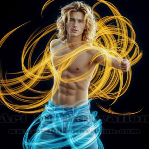 AI-generated abstract art of handsome shirtless men dancing with colorful dynamic light rays wrapping around their bodies. Cosmic, surreal, vivid digital art by Jeff Dupler.