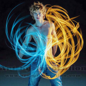 AI-generated abstract art of handsome shirtless men dancing with colorful dynamic light rays wrapping around their bodies. Cosmic, surreal, vivid digital art by Jeff Dupler.
