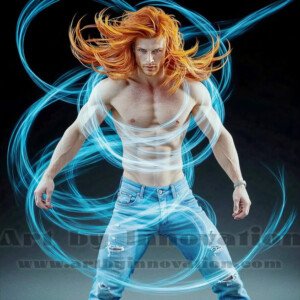 AI-generated abstract art of handsome shirtless men dancing with colorful dynamic light rays wrapping around their bodies. Cosmic, surreal, vivid digital art by Jeff Dupler.