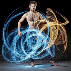AI-generated abstract art of handsome shirtless men dancing with colorful dynamic light rays wrapping around their bodies. Cosmic, surreal, vivid digital art by Jeff Dupler.