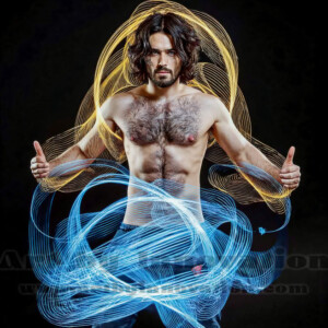 AI-generated abstract art of handsome shirtless men dancing with colorful dynamic light rays wrapping around their bodies. Cosmic, surreal, vivid digital art by Jeff Dupler.