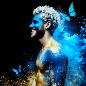 Beauty meets color in this stunning AI-generated abstract art collection. Handsome, shirtless men are enveloped from behind by vibrant, swirling translucent mists of color — inspired by the full spectrum of the rainbow, and the joyful palette of Pride. Each image combines photorealistic skin texture with surreal abstract color dynamics, creating a visual experience that is both deeply human and otherworldly. Created using AI, edited in Photoshop, by © Jeff Dupler | Art by Innovation | https://www.artbyinnovation.com