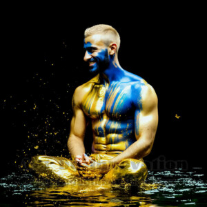 Beauty meets color in this stunning AI-generated abstract art collection. Handsome, shirtless men are enveloped from behind by vibrant, swirling translucent mists of color — inspired by the full spectrum of the rainbow, and the joyful palette of Pride. Each image combines photorealistic skin texture with surreal abstract color dynamics, creating a visual experience that is both deeply human and otherworldly. Created using AI, edited in Photoshop, by © Jeff Dupler | Art by Innovation | https://www.artbyinnovation.com