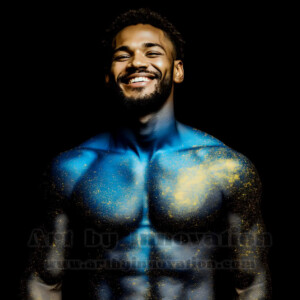 Beauty meets color in this stunning AI-generated abstract art collection. Handsome, shirtless men are enveloped from behind by vibrant, swirling translucent mists of color — inspired by the full spectrum of the rainbow, and the joyful palette of Pride. Each image combines photorealistic skin texture with surreal abstract color dynamics, creating a visual experience that is both deeply human and otherworldly. Created using AI, edited in Photoshop, by © Jeff Dupler | Art by Innovation | https://www.artbyinnovation.com