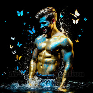 Beauty meets color in this stunning AI-generated abstract art collection. Handsome, shirtless men are enveloped from behind by vibrant, swirling translucent mists of color — inspired by the full spectrum of the rainbow, and the joyful palette of Pride. Each image combines photorealistic skin texture with surreal abstract color dynamics, creating a visual experience that is both deeply human and otherworldly. Created using AI, edited in Photoshop, by © Jeff Dupler | Art by Innovation | https://www.artbyinnovation.com