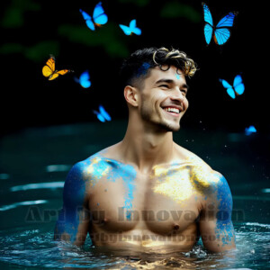 Beauty meets color in this stunning AI-generated abstract art collection. Handsome, shirtless men are enveloped from behind by vibrant, swirling translucent mists of color — inspired by the full spectrum of the rainbow, and the joyful palette of Pride. Each image combines photorealistic skin texture with surreal abstract color dynamics, creating a visual experience that is both deeply human and otherworldly. Created using AI, edited in Photoshop, by © Jeff Dupler | Art by Innovation | https://www.artbyinnovation.com