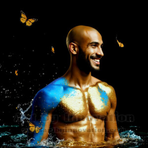 Beauty meets color in this stunning AI-generated abstract art collection. Handsome, shirtless men are enveloped from behind by vibrant, swirling translucent mists of color — inspired by the full spectrum of the rainbow, and the joyful palette of Pride. Each image combines photorealistic skin texture with surreal abstract color dynamics, creating a visual experience that is both deeply human and otherworldly. Created using AI, edited in Photoshop, by © Jeff Dupler | Art by Innovation | https://www.artbyinnovation.com