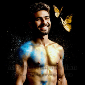Beauty meets color in this stunning AI-generated abstract art collection. Handsome, shirtless men are enveloped from behind by vibrant, swirling translucent mists of color — inspired by the full spectrum of the rainbow, and the joyful palette of Pride. Each image combines photorealistic skin texture with surreal abstract color dynamics, creating a visual experience that is both deeply human and otherworldly. Created using AI, edited in Photoshop, by © Jeff Dupler | Art by Innovation | https://www.artbyinnovation.com