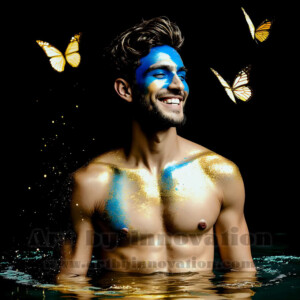 Beauty meets color in this stunning AI-generated abstract art collection. Handsome, shirtless men are enveloped from behind by vibrant, swirling translucent mists of color — inspired by the full spectrum of the rainbow, and the joyful palette of Pride. Each image combines photorealistic skin texture with surreal abstract color dynamics, creating a visual experience that is both deeply human and otherworldly. Created using AI, edited in Photoshop, by © Jeff Dupler | Art by Innovation | https://www.artbyinnovation.com