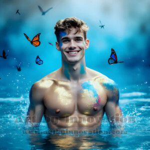 Beauty meets color in this stunning AI-generated abstract art collection. Handsome, shirtless men are enveloped from behind by vibrant, swirling translucent mists of color — inspired by the full spectrum of the rainbow, and the joyful palette of Pride. Each image combines photorealistic skin texture with surreal abstract color dynamics, creating a visual experience that is both deeply human and otherworldly. Created using AI, edited in Photoshop, by © Jeff Dupler | Art by Innovation | https://www.artbyinnovation.com