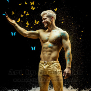 Beauty meets color in this stunning AI-generated abstract art collection. Handsome, shirtless men are enveloped from behind by vibrant, swirling translucent mists of color — inspired by the full spectrum of the rainbow, and the joyful palette of Pride. Each image combines photorealistic skin texture with surreal abstract color dynamics, creating a visual experience that is both deeply human and otherworldly. Created using AI, edited in Photoshop, by © Jeff Dupler | Art by Innovation | https://www.artbyinnovation.com
