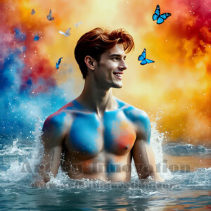 Beauty meets color in this stunning AI-generated abstract art collection. Handsome, shirtless men are enveloped from behind by vibrant, swirling translucent mists of color — inspired by the full spectrum of the rainbow, and the joyful palette of Pride. Each image combines photorealistic skin texture with surreal abstract color dynamics, creating a visual experience that is both deeply human and otherworldly. Created using AI, edited in Photoshop, by © Jeff Dupler | Art by Innovation | https://www.artbyinnovation.com