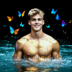 Beauty meets color in this stunning AI-generated abstract art collection. Handsome, shirtless men are enveloped from behind by vibrant, swirling translucent mists of color — inspired by the full spectrum of the rainbow, and the joyful palette of Pride. Each image combines photorealistic skin texture with surreal abstract color dynamics, creating a visual experience that is both deeply human and otherworldly. Created using AI, edited in Photoshop, by © Jeff Dupler | Art by Innovation | https://www.artbyinnovation.com
