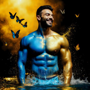 Beauty meets color in this stunning AI-generated abstract art collection. Handsome, shirtless men are enveloped from behind by vibrant, swirling translucent mists of color — inspired by the full spectrum of the rainbow, and the joyful palette of Pride. Each image combines photorealistic skin texture with surreal abstract color dynamics, creating a visual experience that is both deeply human and otherworldly. Created using AI, edited in Photoshop, by © Jeff Dupler | Art by Innovation | https://www.artbyinnovation.com