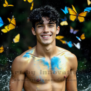 Beauty meets color in this stunning AI-generated abstract art collection. Handsome, shirtless men are enveloped from behind by vibrant, swirling translucent mists of color — inspired by the full spectrum of the rainbow, and the joyful palette of Pride. Each image combines photorealistic skin texture with surreal abstract color dynamics, creating a visual experience that is both deeply human and otherworldly. Created using AI, edited in Photoshop, by © Jeff Dupler | Art by Innovation | https://www.artbyinnovation.com