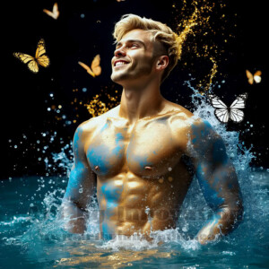 Beauty meets color in this stunning AI-generated abstract art collection. Handsome, shirtless men are enveloped from behind by vibrant, swirling translucent mists of color — inspired by the full spectrum of the rainbow, and the joyful palette of Pride. Each image combines photorealistic skin texture with surreal abstract color dynamics, creating a visual experience that is both deeply human and otherworldly. Created using AI, edited in Photoshop, by © Jeff Dupler | Art by Innovation | https://www.artbyinnovation.com