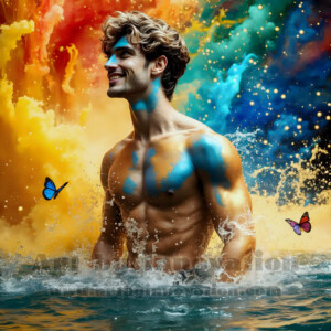 Beauty meets color in this stunning AI-generated abstract art collection. Handsome, shirtless men are enveloped from behind by vibrant, swirling translucent mists of color — inspired by the full spectrum of the rainbow, and the joyful palette of Pride. Each image combines photorealistic skin texture with surreal abstract color dynamics, creating a visual experience that is both deeply human and otherworldly. Created using AI, edited in Photoshop, by © Jeff Dupler | Art by Innovation | https://www.artbyinnovation.com