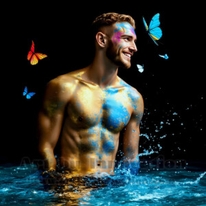 Beauty meets color in this stunning AI-generated abstract art collection. Handsome, shirtless men are enveloped from behind by vibrant, swirling translucent mists of color — inspired by the full spectrum of the rainbow, and the joyful palette of Pride. Each image combines photorealistic skin texture with surreal abstract color dynamics, creating a visual experience that is both deeply human and otherworldly. Created using AI, edited in Photoshop, by © Jeff Dupler | Art by Innovation | https://www.artbyinnovation.com