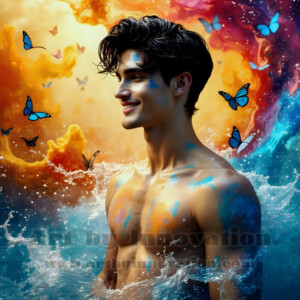 Beauty meets color in this stunning AI-generated abstract art collection. Handsome, shirtless men are enveloped from behind by vibrant, swirling translucent mists of color — inspired by the full spectrum of the rainbow, and the joyful palette of Pride. Each image combines photorealistic skin texture with surreal abstract color dynamics, creating a visual experience that is both deeply human and otherworldly. Created using AI, edited in Photoshop, by © Jeff Dupler | Art by Innovation | https://www.artbyinnovation.com