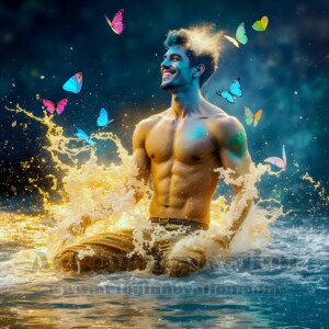 Beauty meets color in this stunning AI-generated abstract art collection. Handsome, shirtless men are enveloped from behind by vibrant, swirling translucent mists of color — inspired by the full spectrum of the rainbow, and the joyful palette of Pride. Each image combines photorealistic skin texture with surreal abstract color dynamics, creating a visual experience that is both deeply human and otherworldly. Created using AI, edited in Photoshop, by © Jeff Dupler | Art by Innovation | https://www.artbyinnovation.com