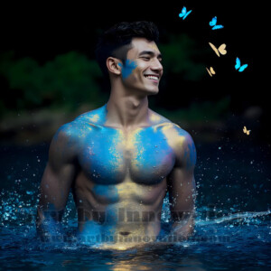 Beauty meets color in this stunning AI-generated abstract art collection. Handsome, shirtless men are enveloped from behind by vibrant, swirling translucent mists of color — inspired by the full spectrum of the rainbow, and the joyful palette of Pride. Each image combines photorealistic skin texture with surreal abstract color dynamics, creating a visual experience that is both deeply human and otherworldly. Created using AI, edited in Photoshop, by © Jeff Dupler | Art by Innovation | https://www.artbyinnovation.com
