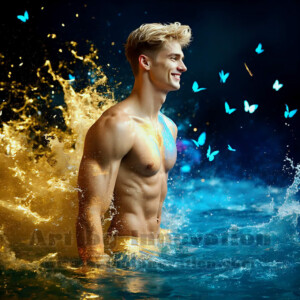 Beauty meets color in this stunning AI-generated abstract art collection. Handsome, shirtless men are enveloped from behind by vibrant, swirling translucent mists of color — inspired by the full spectrum of the rainbow, and the joyful palette of Pride. Each image combines photorealistic skin texture with surreal abstract color dynamics, creating a visual experience that is both deeply human and otherworldly. Created using AI, edited in Photoshop, by © Jeff Dupler | Art by Innovation | https://www.artbyinnovation.com