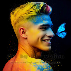 Beauty meets color in this stunning AI-generated abstract art collection. Handsome, shirtless men are enveloped from behind by vibrant, swirling translucent mists of color — inspired by the full spectrum of the rainbow, and the joyful palette of Pride. Each image combines photorealistic skin texture with surreal abstract color dynamics, creating a visual experience that is both deeply human and otherworldly. Created using AI, edited in Photoshop, by © Jeff Dupler | Art by Innovation | https://www.artbyinnovation.com