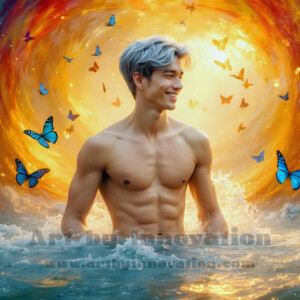 Beauty meets color in this stunning AI-generated abstract art collection. Handsome, shirtless men are enveloped from behind by vibrant, swirling translucent mists of color — inspired by the full spectrum of the rainbow, and the joyful palette of Pride. Each image combines photorealistic skin texture with surreal abstract color dynamics, creating a visual experience that is both deeply human and otherworldly. Created using AI, edited in Photoshop, by © Jeff Dupler | Art by Innovation | https://www.artbyinnovation.com
