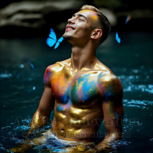 Beauty meets color in this stunning AI-generated abstract art collection. Handsome, shirtless men are enveloped from behind by vibrant, swirling translucent mists of color — inspired by the full spectrum of the rainbow, and the joyful palette of Pride. Each image combines photorealistic skin texture with surreal abstract color dynamics, creating a visual experience that is both deeply human and otherworldly. Created using AI, edited in Photoshop, by © Jeff Dupler | Art by Innovation | https://www.artbyinnovation.com