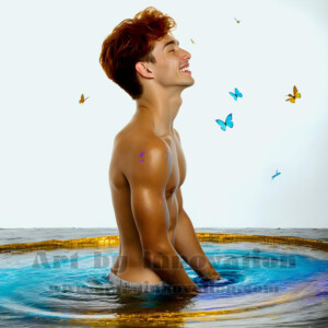 Beauty meets color in this stunning AI-generated abstract art collection. Handsome, shirtless men are enveloped from behind by vibrant, swirling translucent mists of color — inspired by the full spectrum of the rainbow, and the joyful palette of Pride. Each image combines photorealistic skin texture with surreal abstract color dynamics, creating a visual experience that is both deeply human and otherworldly. Created using AI, edited in Photoshop, by © Jeff Dupler | Art by Innovation | https://www.artbyinnovation.com