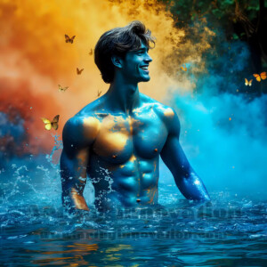 Beauty meets color in this stunning AI-generated abstract art collection. Handsome, shirtless men are enveloped from behind by vibrant, swirling translucent mists of color — inspired by the full spectrum of the rainbow, and the joyful palette of Pride. Each image combines photorealistic skin texture with surreal abstract color dynamics, creating a visual experience that is both deeply human and otherworldly. Created using AI, edited in Photoshop, by © Jeff Dupler | Art by Innovation | https://www.artbyinnovation.com