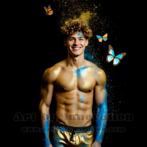 Beauty meets color in this stunning AI-generated abstract art collection. Handsome, shirtless men are enveloped from behind by vibrant, swirling translucent mists of color — inspired by the full spectrum of the rainbow, and the joyful palette of Pride. Each image combines photorealistic skin texture with surreal abstract color dynamics, creating a visual experience that is both deeply human and otherworldly. Created using AI, edited in Photoshop, by © Jeff Dupler | Art by Innovation | https://www.artbyinnovation.com