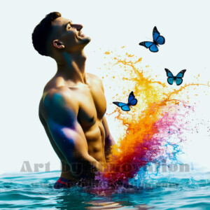 Beauty meets color in this stunning AI-generated abstract art collection. Handsome, shirtless men are enveloped from behind by vibrant, swirling translucent mists of color — inspired by the full spectrum of the rainbow, and the joyful palette of Pride. Each image combines photorealistic skin texture with surreal abstract color dynamics, creating a visual experience that is both deeply human and otherworldly. Created using AI, edited in Photoshop, by © Jeff Dupler | Art by Innovation | https://www.artbyinnovation.com