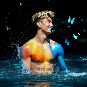 Beauty meets color in this stunning AI-generated abstract art collection. Handsome, shirtless men are enveloped from behind by vibrant, swirling translucent mists of color — inspired by the full spectrum of the rainbow, and the joyful palette of Pride. Each image combines photorealistic skin texture with surreal abstract color dynamics, creating a visual experience that is both deeply human and otherworldly. Created using AI, edited in Photoshop, by © Jeff Dupler | Art by Innovation | https://www.artbyinnovation.com