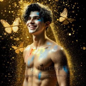 Beauty meets color in this stunning AI-generated abstract art collection. Handsome, shirtless men are enveloped from behind by vibrant, swirling translucent mists of color — inspired by the full spectrum of the rainbow, and the joyful palette of Pride. Each image combines photorealistic skin texture with surreal abstract color dynamics, creating a visual experience that is both deeply human and otherworldly. Created using AI, edited in Photoshop, by © Jeff Dupler | Art by Innovation | https://www.artbyinnovation.com