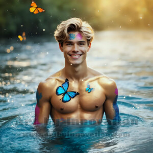 Beauty meets color in this stunning AI-generated abstract art collection. Handsome, shirtless men are enveloped from behind by vibrant, swirling translucent mists of color — inspired by the full spectrum of the rainbow, and the joyful palette of Pride. Each image combines photorealistic skin texture with surreal abstract color dynamics, creating a visual experience that is both deeply human and otherworldly. Created using AI, edited in Photoshop, by © Jeff Dupler | Art by Innovation | https://www.artbyinnovation.com