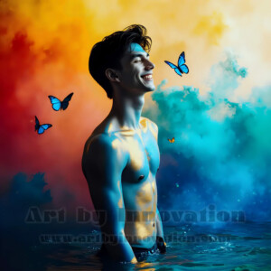 Beauty meets color in this stunning AI-generated abstract art collection. Handsome, shirtless men are enveloped from behind by vibrant, swirling translucent mists of color — inspired by the full spectrum of the rainbow, and the joyful palette of Pride. Each image combines photorealistic skin texture with surreal abstract color dynamics, creating a visual experience that is both deeply human and otherworldly. Created using AI, edited in Photoshop, by © Jeff Dupler | Art by Innovation | https://www.artbyinnovation.com