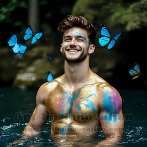 Beauty meets color in this stunning AI-generated abstract art collection. Handsome, shirtless men are enveloped from behind by vibrant, swirling translucent mists of color — inspired by the full spectrum of the rainbow, and the joyful palette of Pride. Each image combines photorealistic skin texture with surreal abstract color dynamics, creating a visual experience that is both deeply human and otherworldly. Created using AI, edited in Photoshop, by © Jeff Dupler | Art by Innovation | https://www.artbyinnovation.com