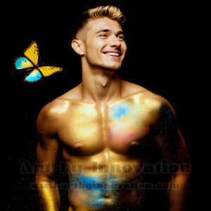Beauty meets color in this stunning AI-generated abstract art collection. Handsome, shirtless men are enveloped from behind by vibrant, swirling translucent mists of color — inspired by the full spectrum of the rainbow, and the joyful palette of Pride. Each image combines photorealistic skin texture with surreal abstract color dynamics, creating a visual experience that is both deeply human and otherworldly. Created using AI, edited in Photoshop, by © Jeff Dupler | Art by Innovation | https://www.artbyinnovation.com
