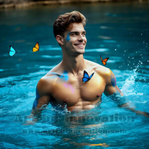 Beauty meets color in this stunning AI-generated abstract art collection. Handsome, shirtless men are enveloped from behind by vibrant, swirling translucent mists of color — inspired by the full spectrum of the rainbow, and the joyful palette of Pride. Each image combines photorealistic skin texture with surreal abstract color dynamics, creating a visual experience that is both deeply human and otherworldly. Created using AI, edited in Photoshop, by © Jeff Dupler | Art by Innovation | https://www.artbyinnovation.com