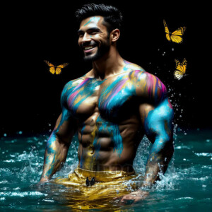 Beauty meets color in this stunning AI-generated abstract art collection. Handsome, shirtless men are enveloped from behind by vibrant, swirling translucent mists of color — inspired by the full spectrum of the rainbow, and the joyful palette of Pride. Each image combines photorealistic skin texture with surreal abstract color dynamics, creating a visual experience that is both deeply human and otherworldly. Created using AI, edited in Photoshop, by © Jeff Dupler | Art by Innovation | https://www.artbyinnovation.com