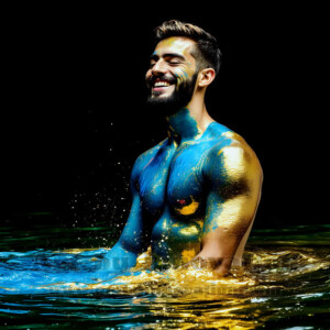 Beauty meets color in this stunning AI-generated abstract art collection. Handsome, shirtless men are enveloped from behind by vibrant, swirling translucent mists of color — inspired by the full spectrum of the rainbow, and the joyful palette of Pride. Each image combines photorealistic skin texture with surreal abstract color dynamics, creating a visual experience that is both deeply human and otherworldly. Created using AI, edited in Photoshop, by © Jeff Dupler | Art by Innovation | https://www.artbyinnovation.com