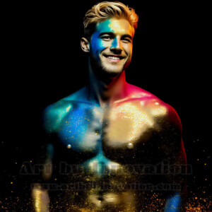 Beauty meets color in this stunning AI-generated abstract art collection. Handsome, shirtless men are enveloped from behind by vibrant, swirling translucent mists of color — inspired by the full spectrum of the rainbow, and the joyful palette of Pride. Each image combines photorealistic skin texture with surreal abstract color dynamics, creating a visual experience that is both deeply human and otherworldly. Created using AI, edited in Photoshop, by © Jeff Dupler | Art by Innovation | https://www.artbyinnovation.com