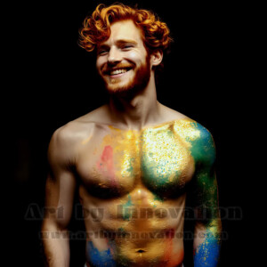 Beauty meets color in this stunning AI-generated abstract art collection. Handsome, shirtless men are enveloped from behind by vibrant, swirling translucent mists of color — inspired by the full spectrum of the rainbow, and the joyful palette of Pride. Each image combines photorealistic skin texture with surreal abstract color dynamics, creating a visual experience that is both deeply human and otherworldly. Created using AI, edited in Photoshop, by © Jeff Dupler | Art by Innovation | https://www.artbyinnovation.com